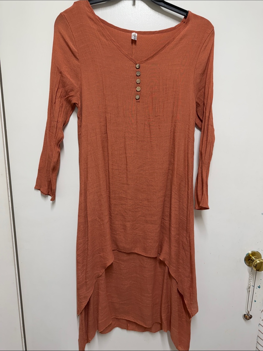 Womens Rust High-Low Tunic with Button Detail